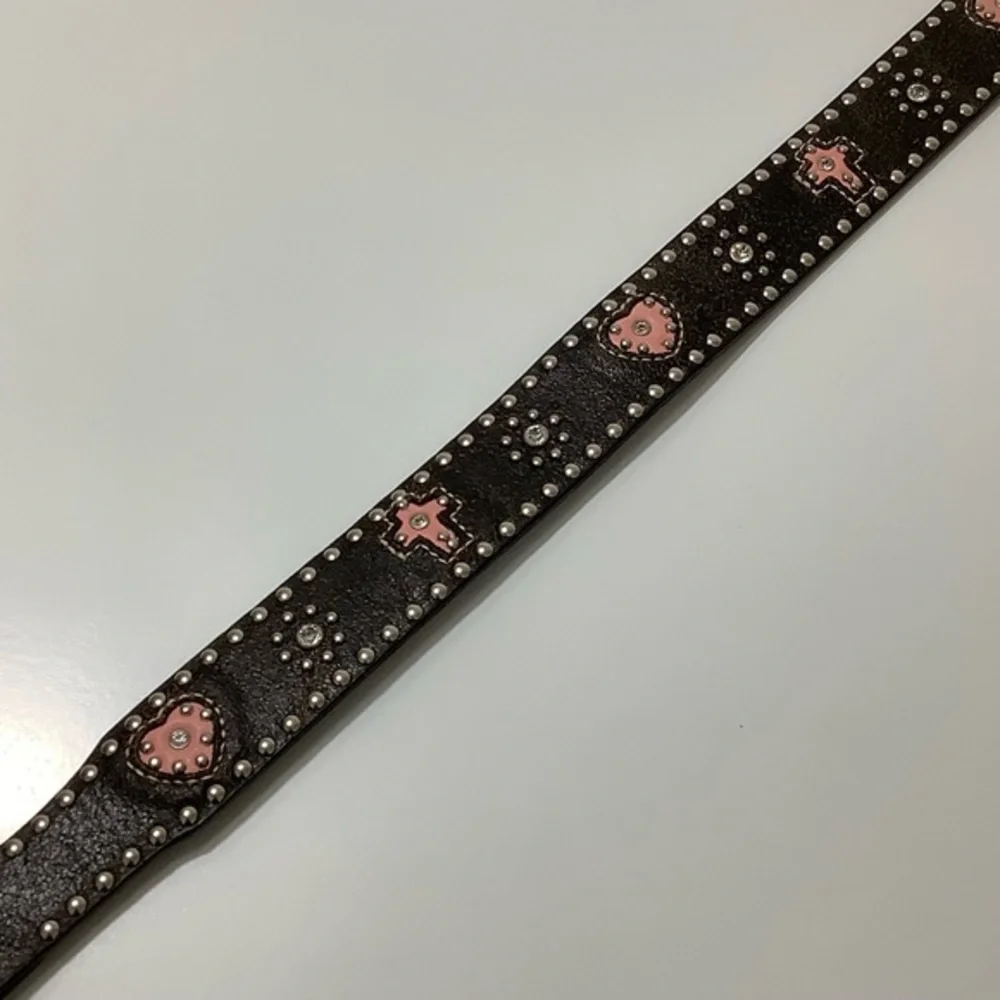 Nocona Pink Hearts Crosses studs Crystals Leather Western Belt Size 24 EUC